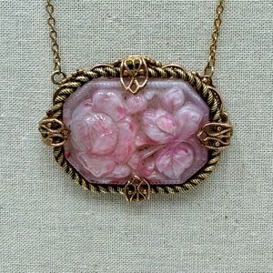 Antique Czech Glass  Pink and Gold Floral Pendant Necklace